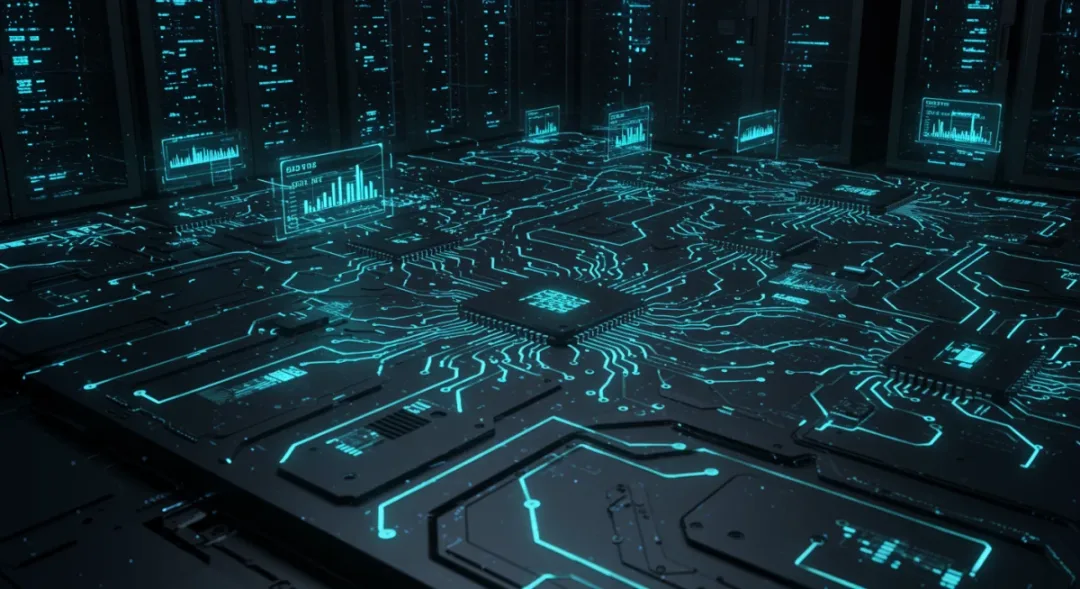 Edge computing processors in a modern data center with glowing circuit boards representing local data processing