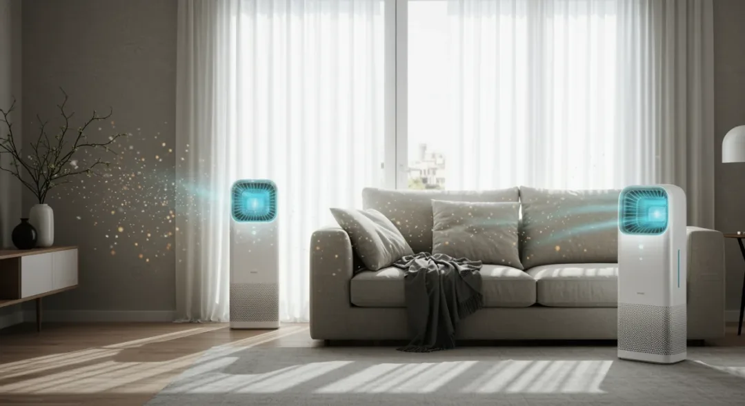 Modern air purifier in a contemporary living room with sunlight
