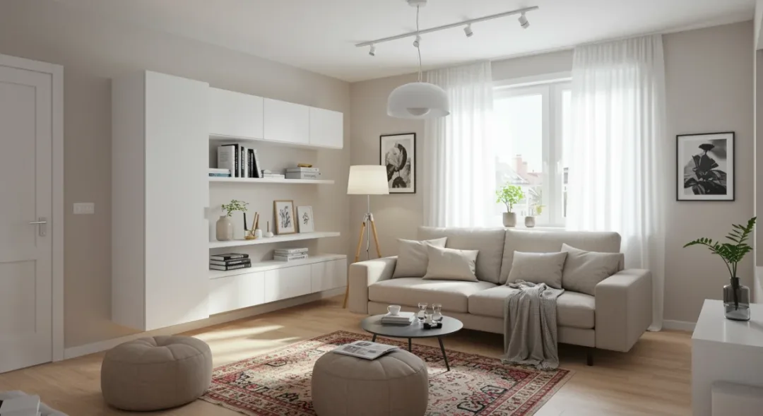 Modern small apartment living room with space-saving furniture and vertical storage solutions