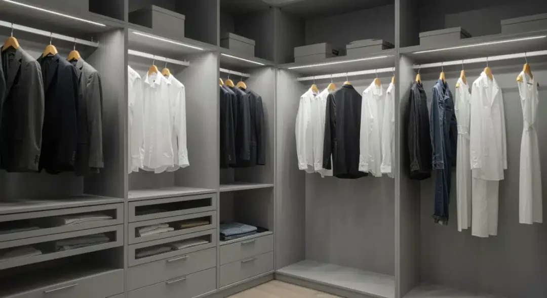 Minimalist capsule wardrobe closet with organized neutral clothing pieces and natural lighting