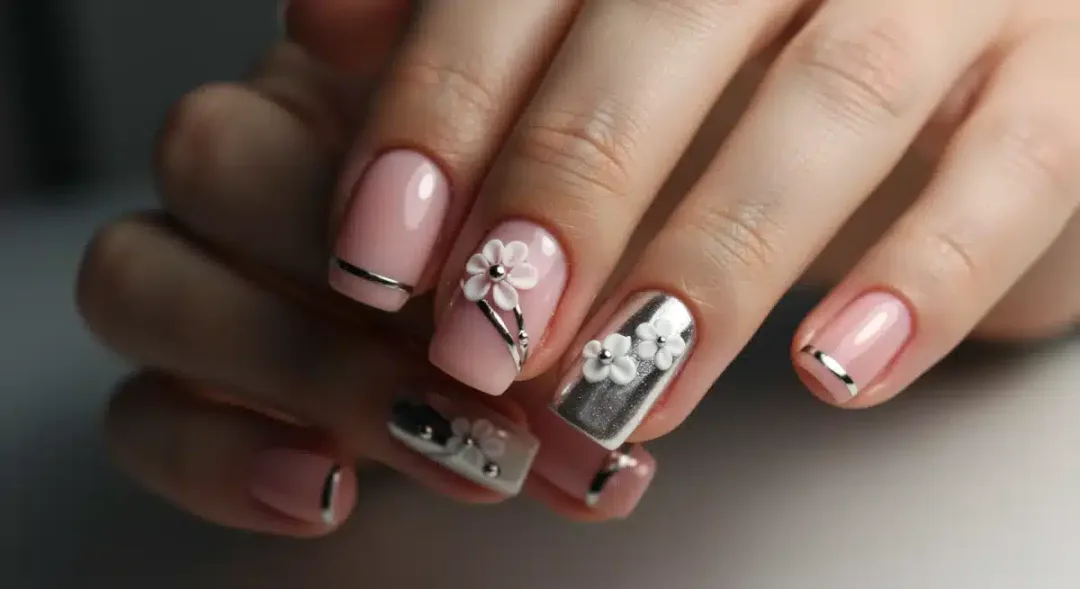 Trendy nail art 2026 with chrome accents and minimalist design