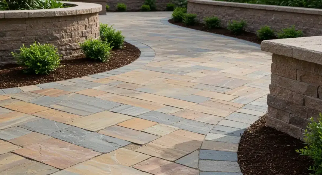 Hardscape elements including stone pathway and garden borders