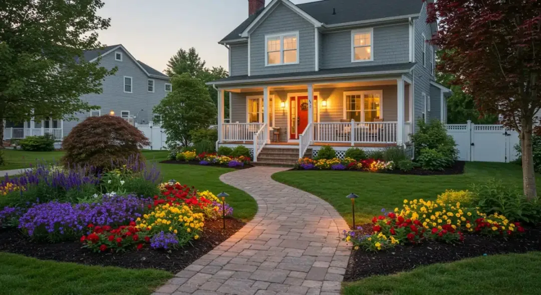 Professional landscaping transformation with lush green lawn and vibrant flower garden