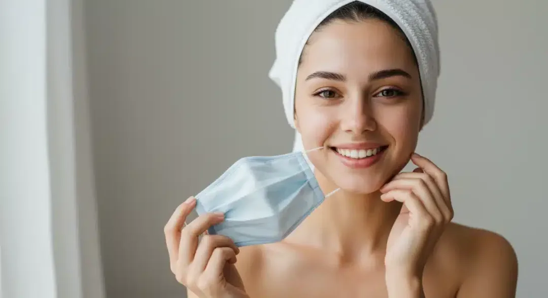 Woman with clear skin holding a clean face mask, smiling confidently
