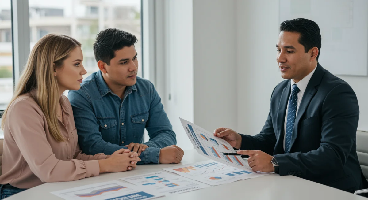 Real estate agent discussing mortgage options with couple in office