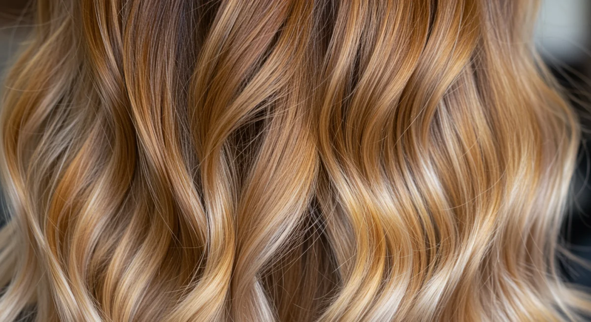 Multi-dimensional balayage hair color technique with blended caramel and honey tones