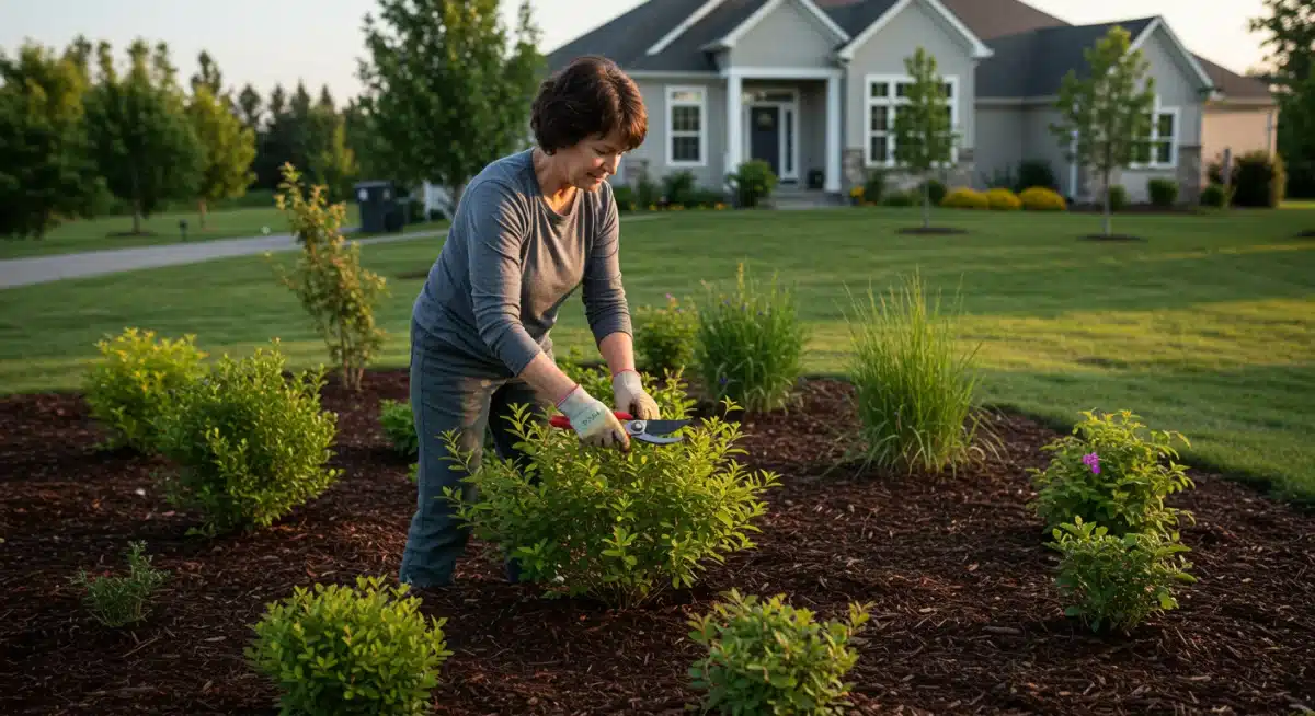 Person maintaining landscaped garden with native plants and mulch