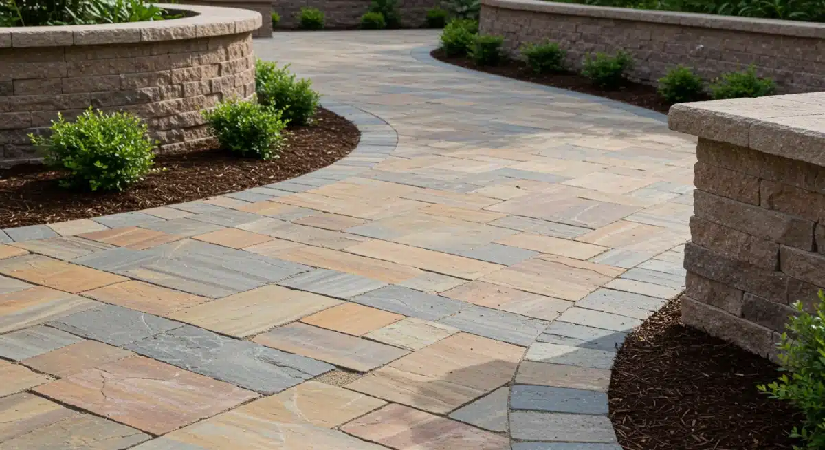 Hardscape elements including stone pathway and garden borders